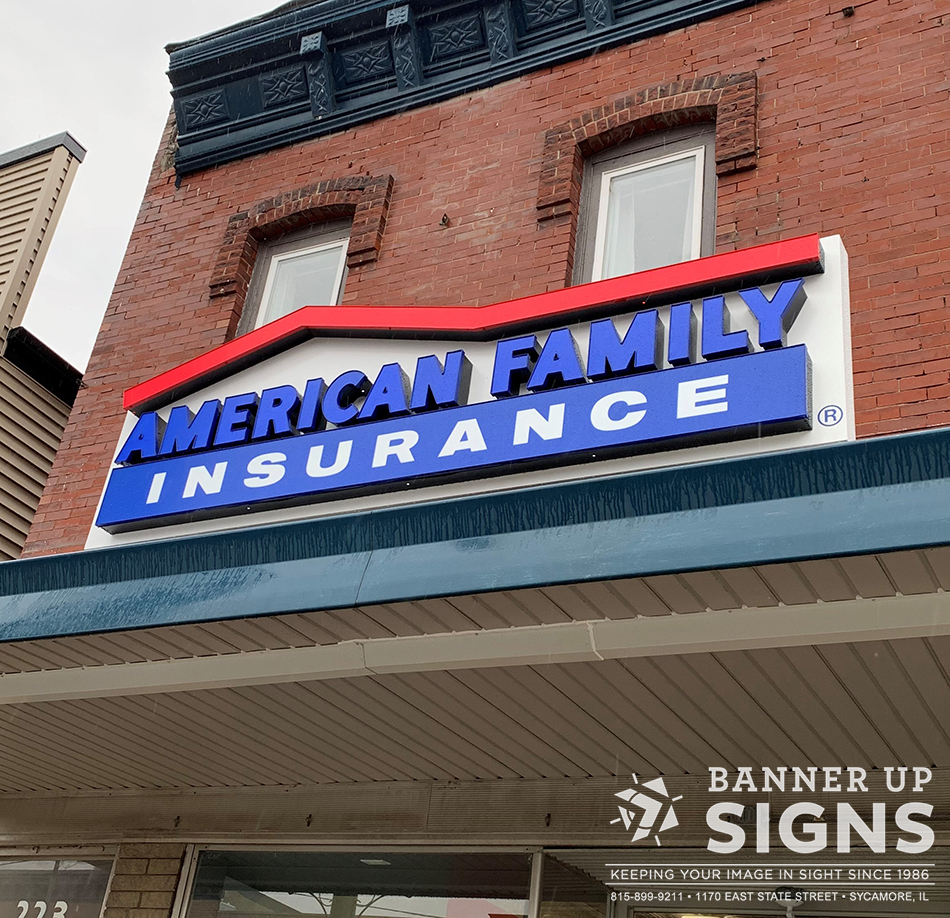Large, dimensional, light-up channel letters on a backer showcases American Family Insurance's location.