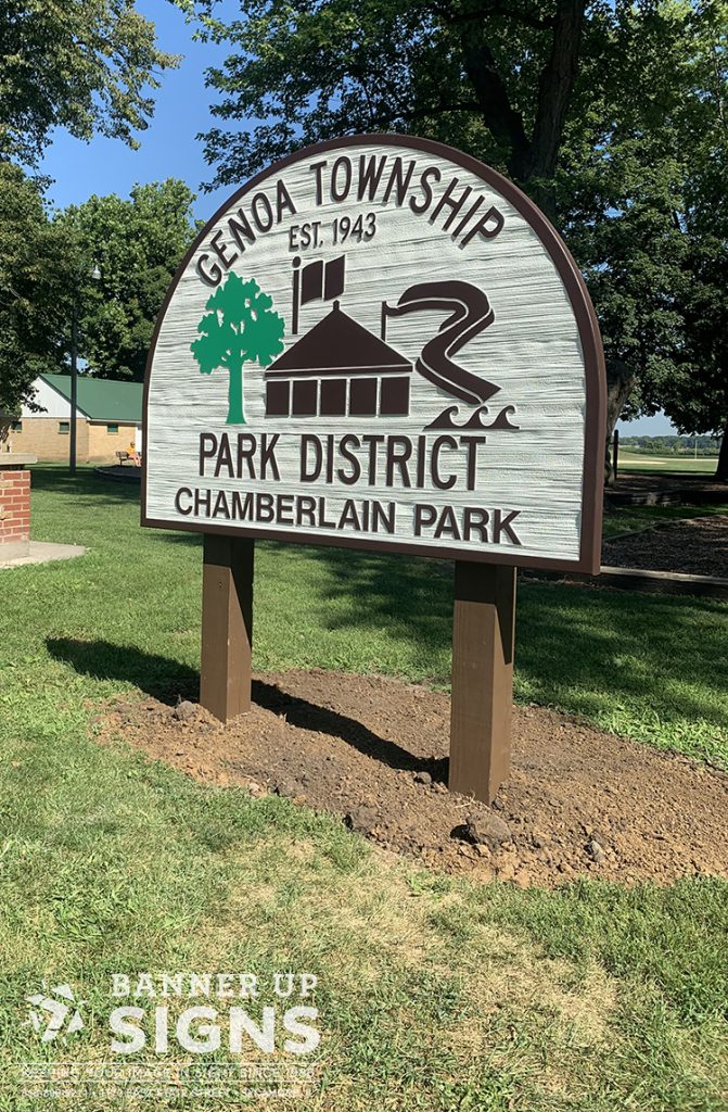 A large HDU sign panel on posts provides point of interest information for Genoa Township Park District's Chamberlain Park.