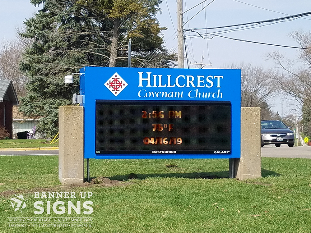 Hillcrest Covenant Church's large EMC - electronic message center -  monument sign showcases church events.