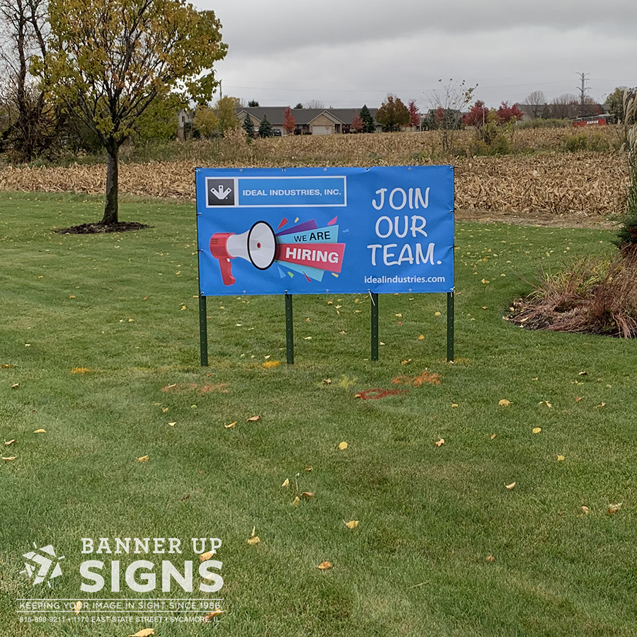 Outdoor yard sign created by Banner Up Signs to announce job openings at a client's company 