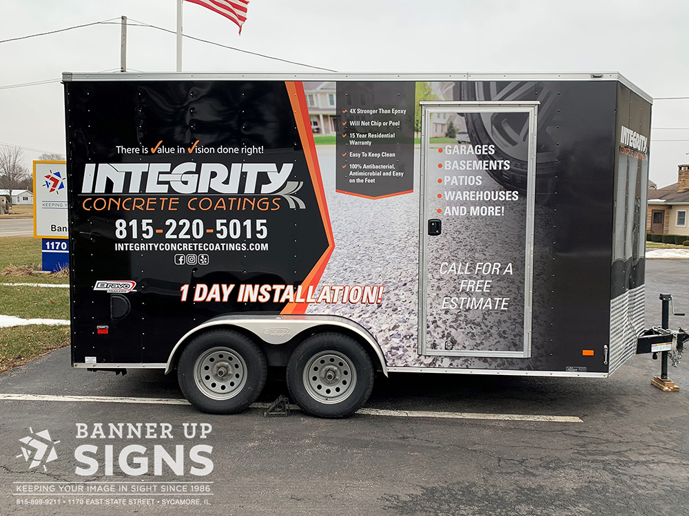 A half wrap trailer for Integrity Concrete Coatings showcases their business and services.