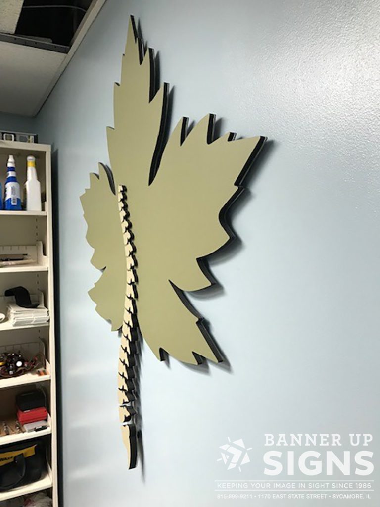 A light olive green sycamore leaf is mounted off a wall with a cut out, cream spine portraying the stem of the leaf.
