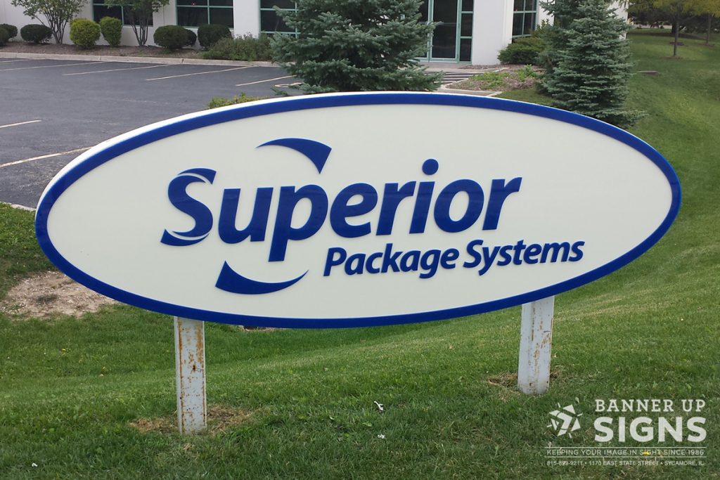 Banner Up Signs installed large post signs for Superior Package Systems.