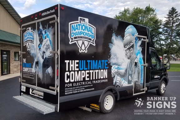 A full wrap for a box truck produced and installed by Banner Up Signs for Ideal's National Championship for Electric Tradesmen.