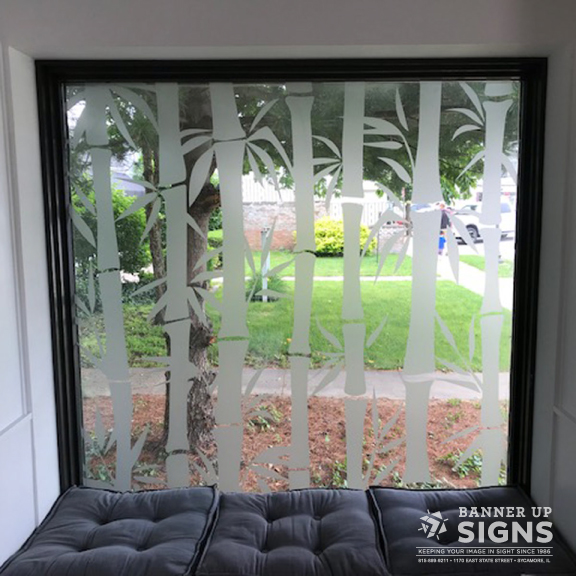 Frosted window graphics of bamboo trees created by Banner Up Signs