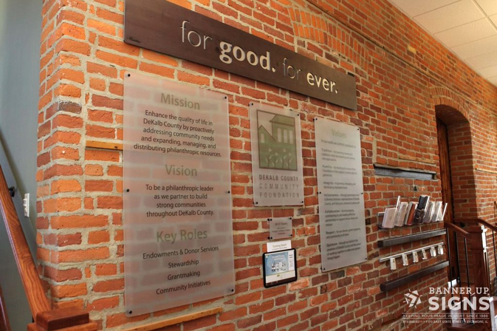 A series of frosted acrylic panels with text and graphics is mounted by stand-offs against a brick wall.